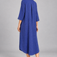 Blue pinstripe long shirt dress, model back angle
