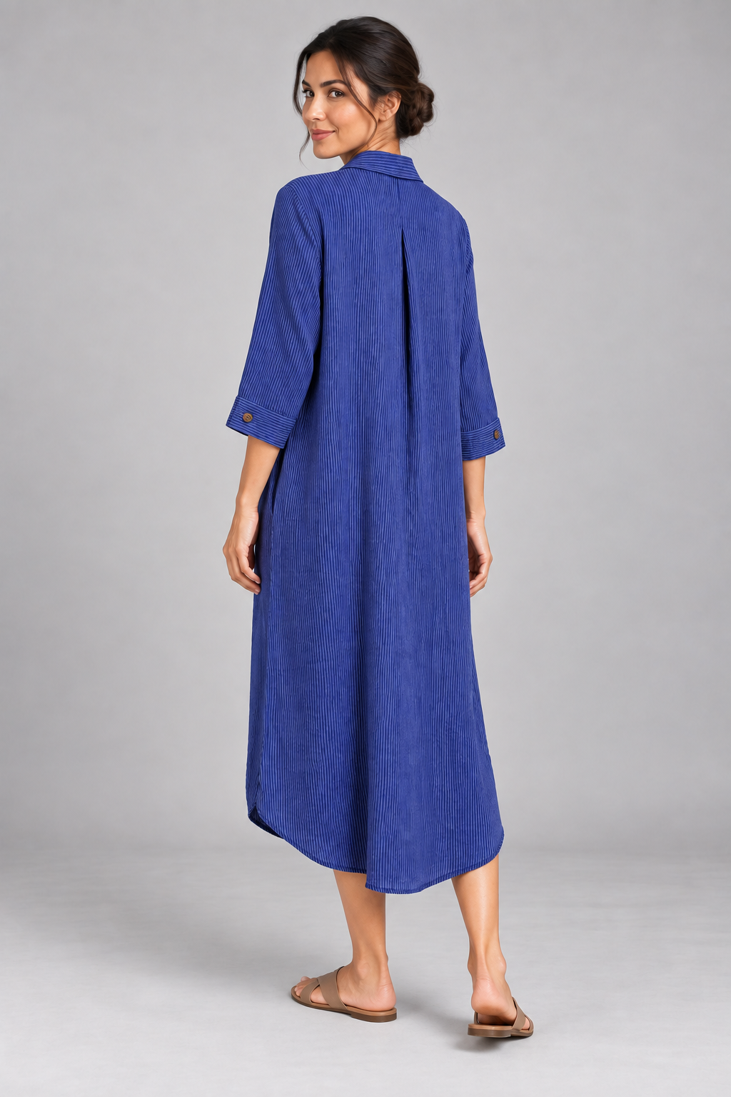 Blue pinstripe long shirt dress, model back angle