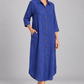 Blue pinstripe long shirt dress, model front angle