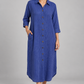 Blue pinstripe long shirt dress, model front