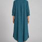 Teal pinstripe long shirt dress on model, back view