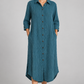 Teal pinstripe long shirt dress on model, front view