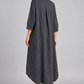 Charcoal pinstripe long shirt dress, model back angle