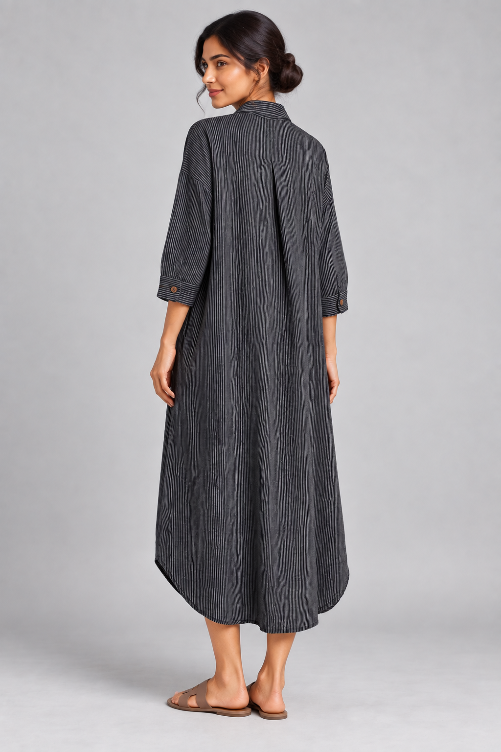 Charcoal pinstripe long shirt dress, model back angle