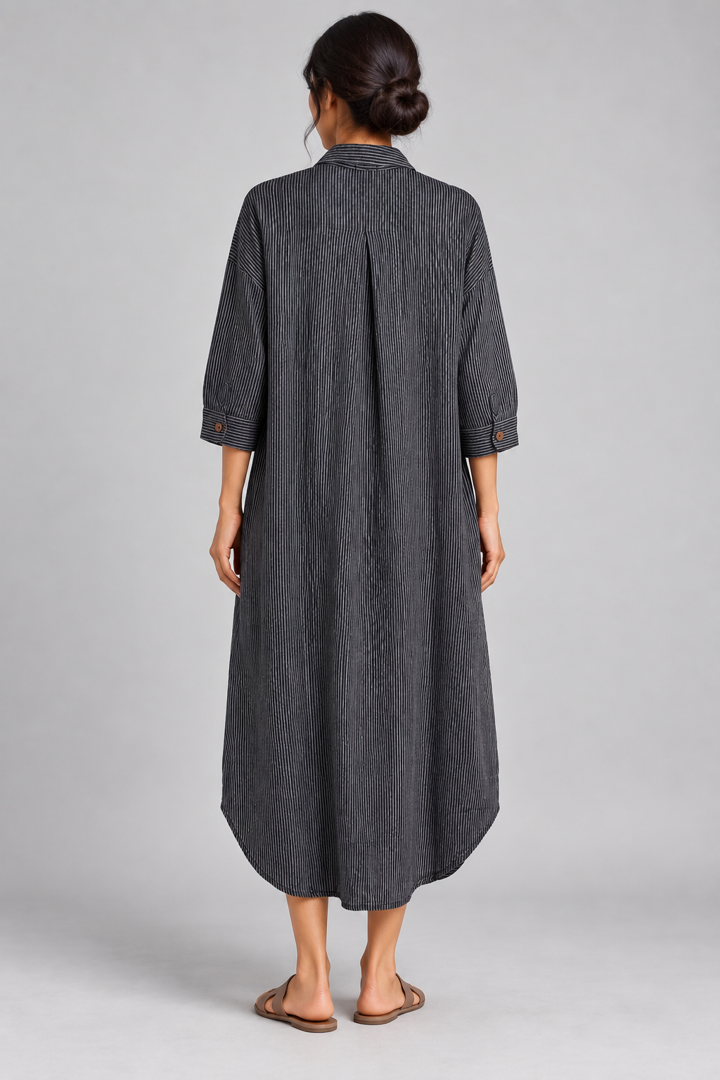 Charcoal pinstripe long shirt dress, model back