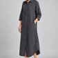 Charcoal pinstripe long shirt dress, model front angle