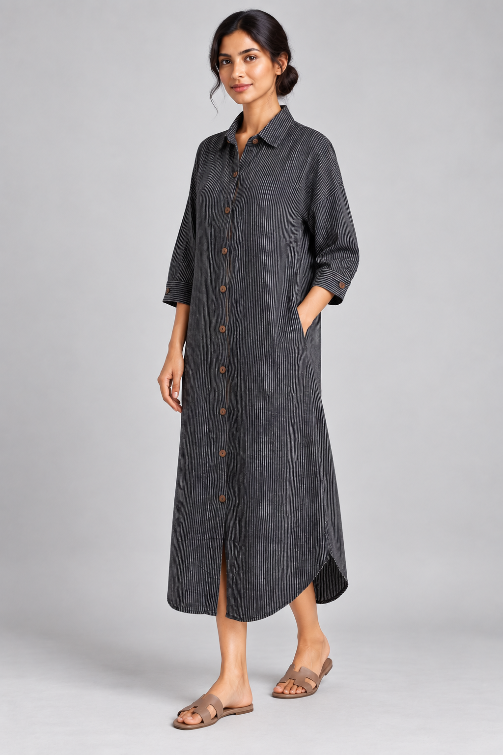 Charcoal pinstripe long shirt dress, model front angle