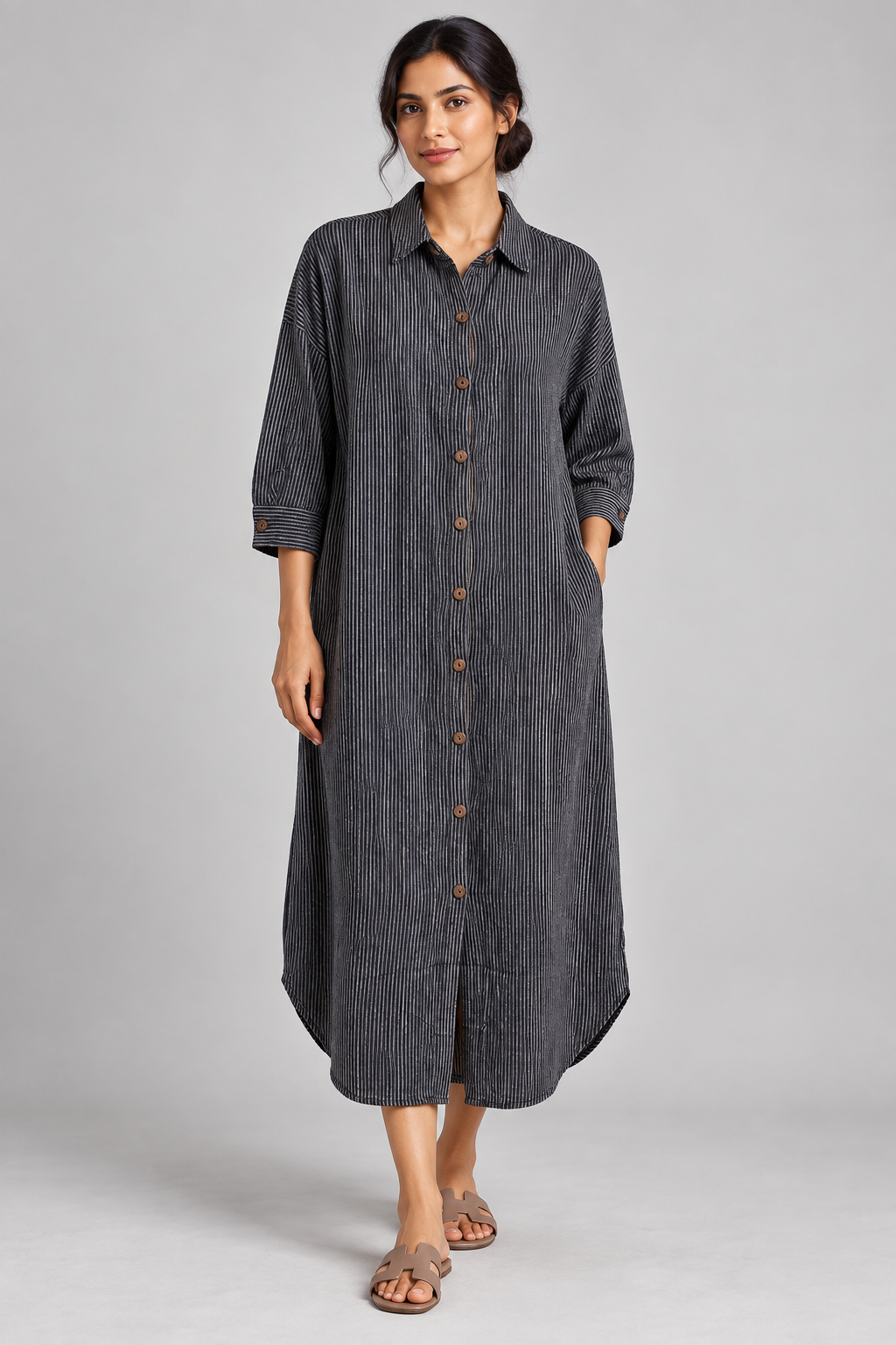 Charcoal pinstripe long shirt dress, model front