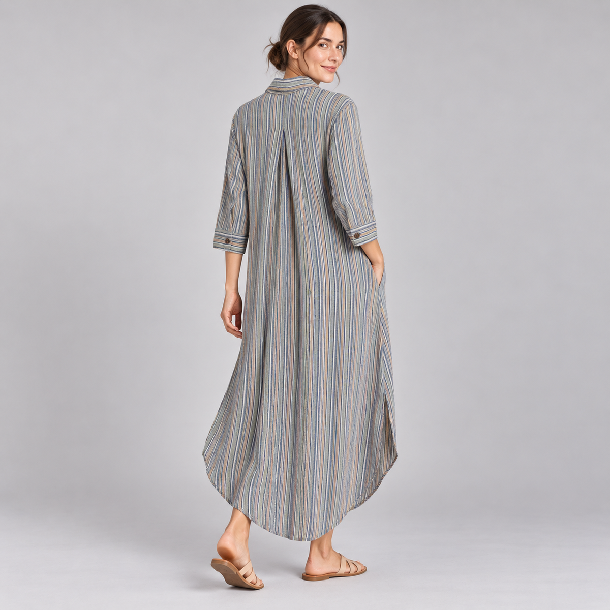 Angled back model view of long striped dress