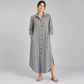 Front model view of multicolor striped long shirt dress