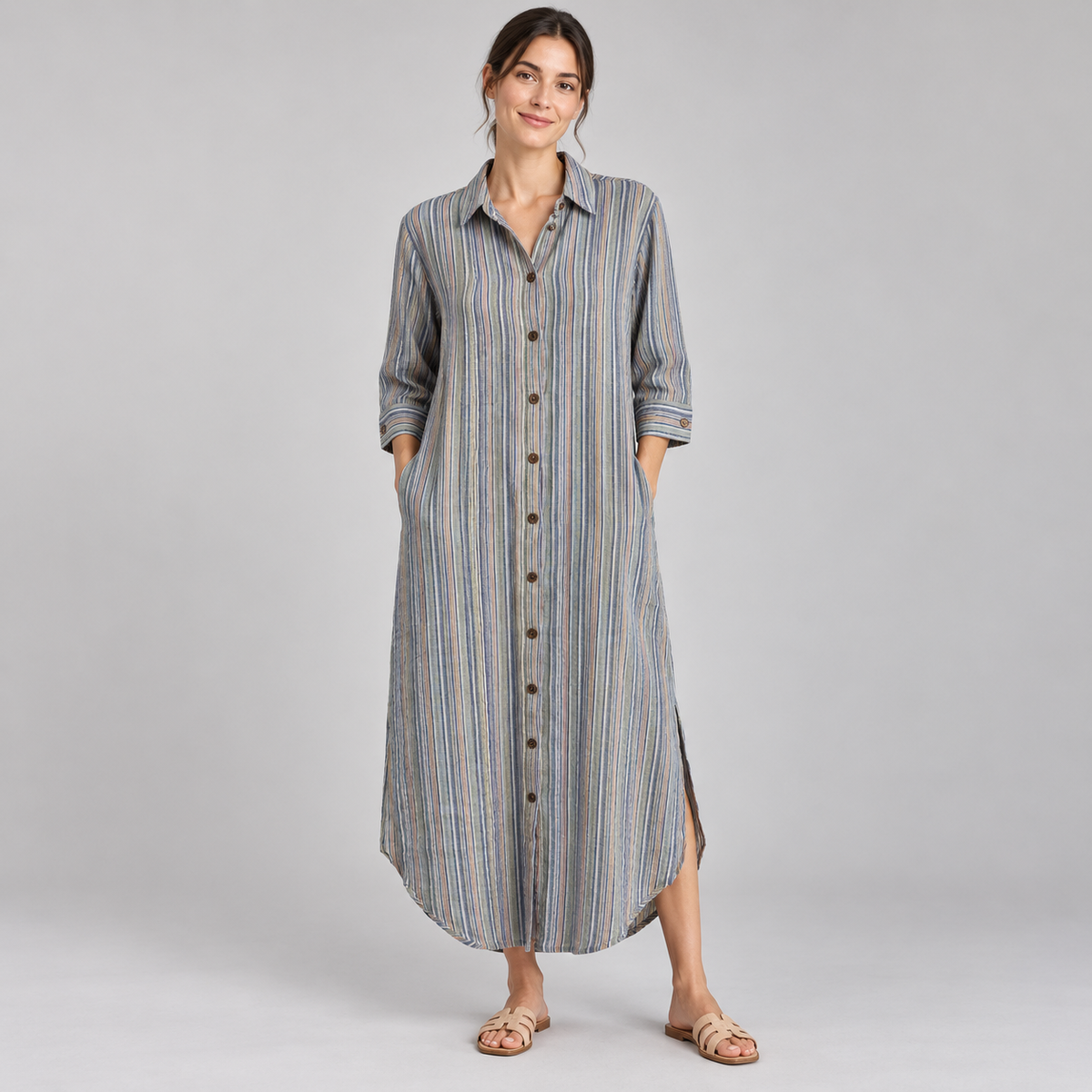Front model view of multicolor striped long shirt dress