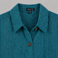 Teal pinstripe cotton tunic collar and two-hole button detail without hangtag