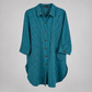 Teal pinstripe cotton high-low tunic shirt, front view without hangtag