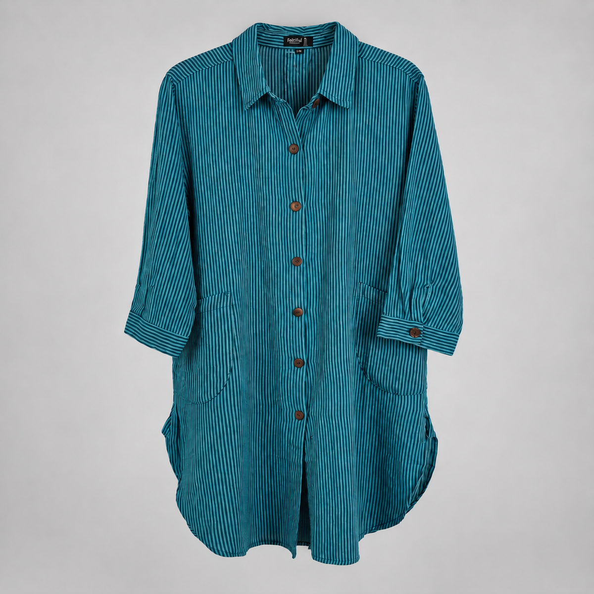 Teal pinstripe cotton high-low tunic shirt, front view without hangtag