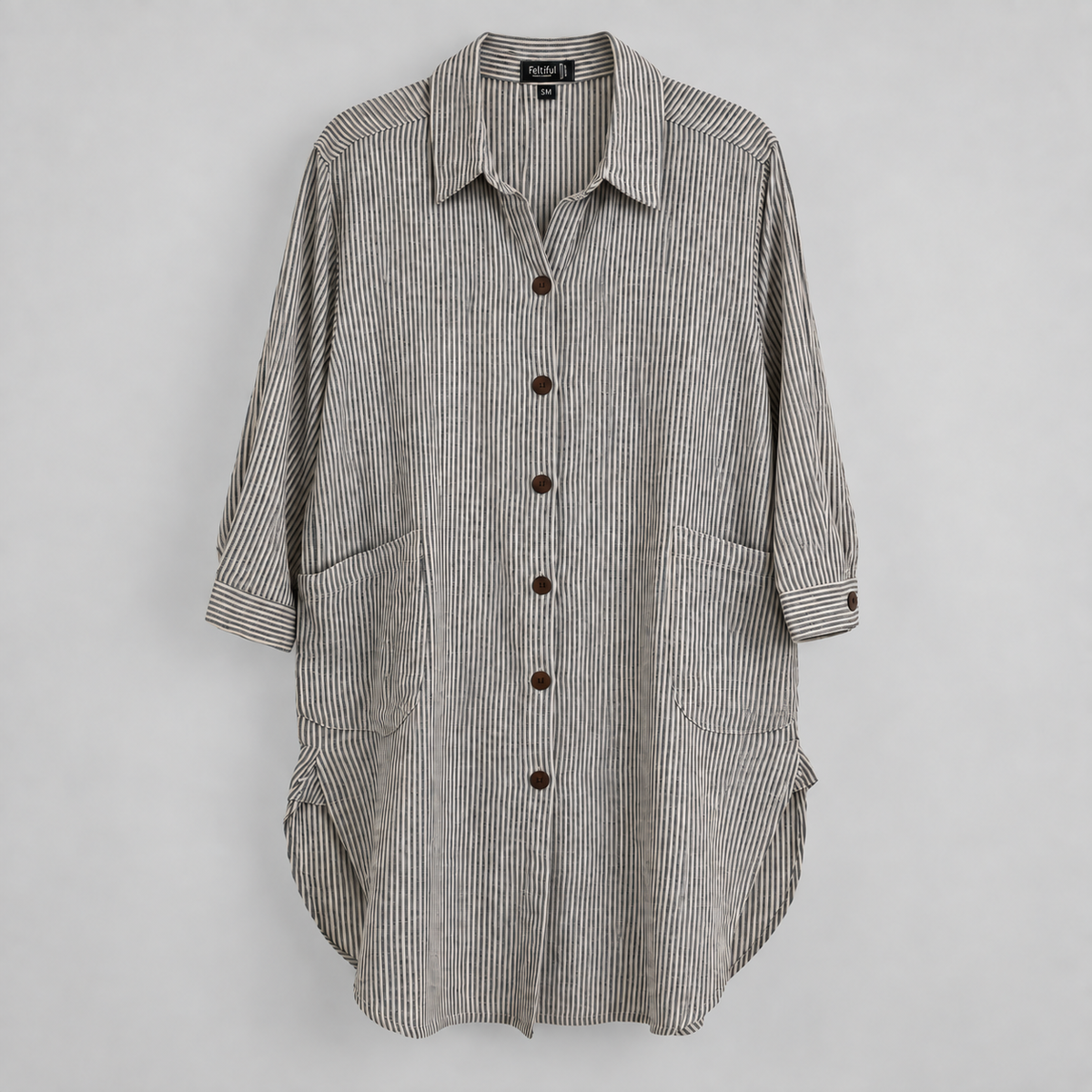 Charcoal pinstripe cotton high-low tunic shirt, front
