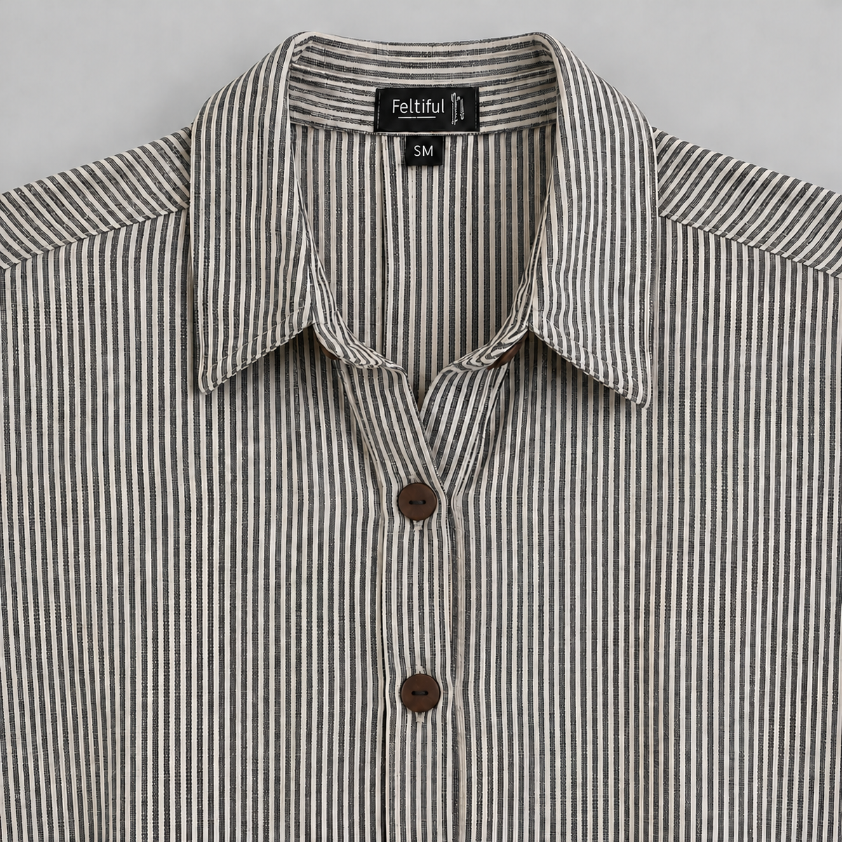 Charcoal pinstripe tunic collar and two-hole buttons