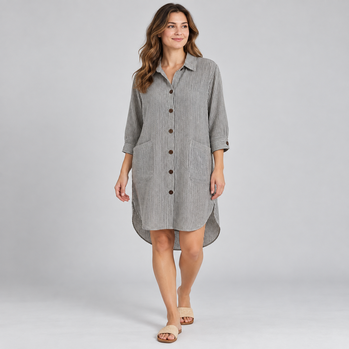 Charcoal pinstripe cotton high-low tunic shirt — model