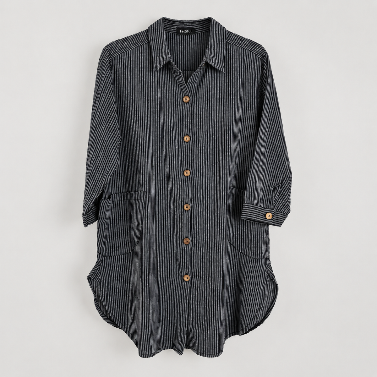 RT818 black pinstripe cotton high-low tunic shirt – front