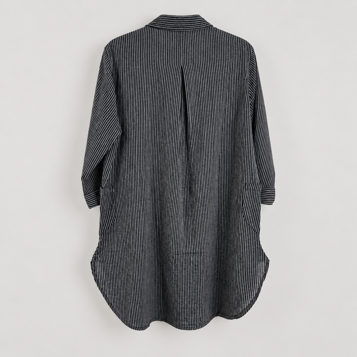 RT818 black pinstripe cotton high-low tunic shirt – back pleat