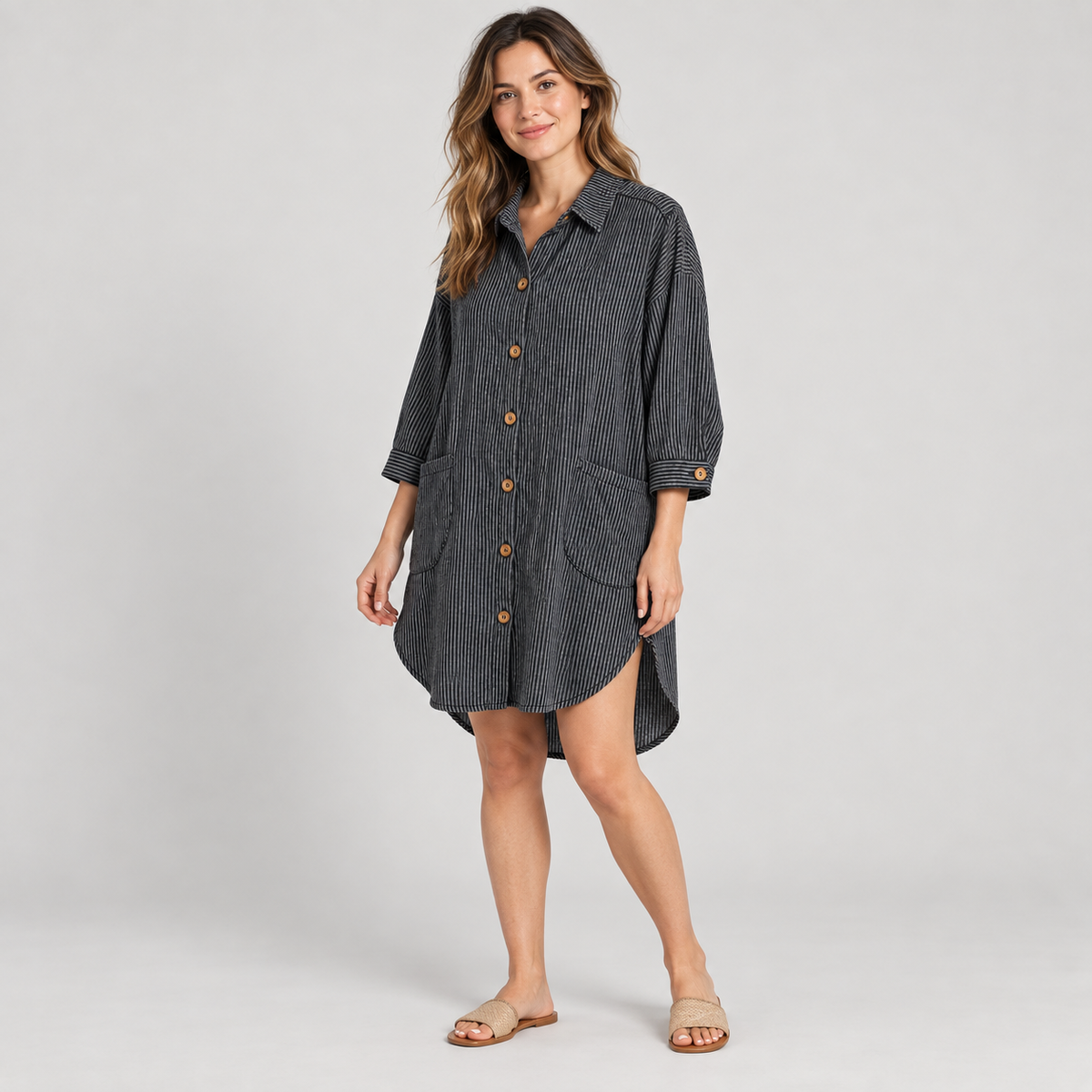 RT818 black pinstripe cotton high-low tunic shirt – model