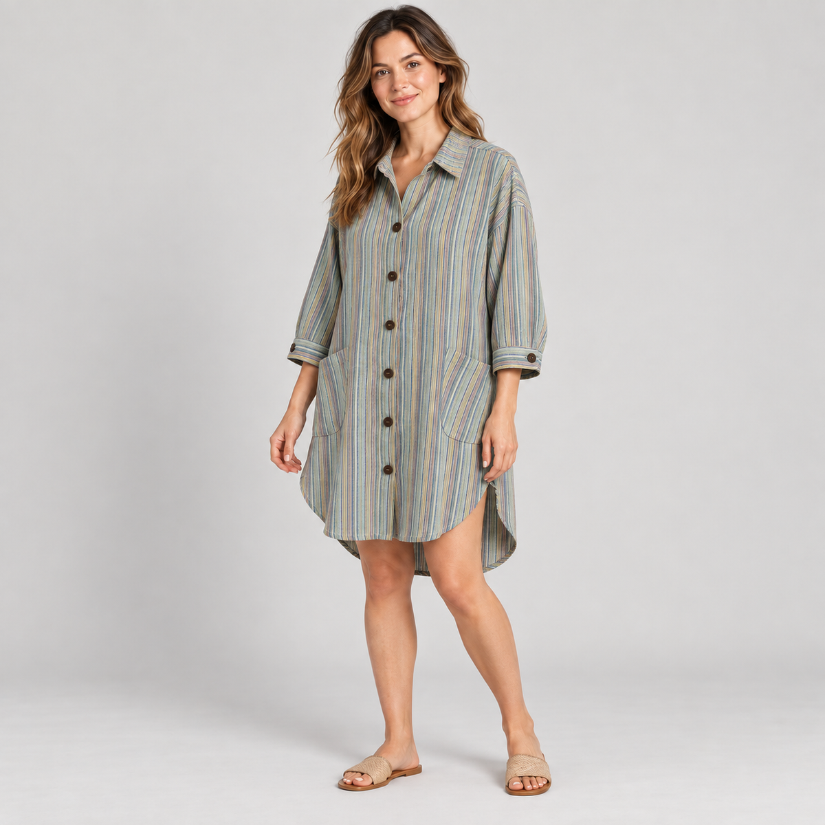 RT819 multicolor stripe cotton high-low tunic shirt – model