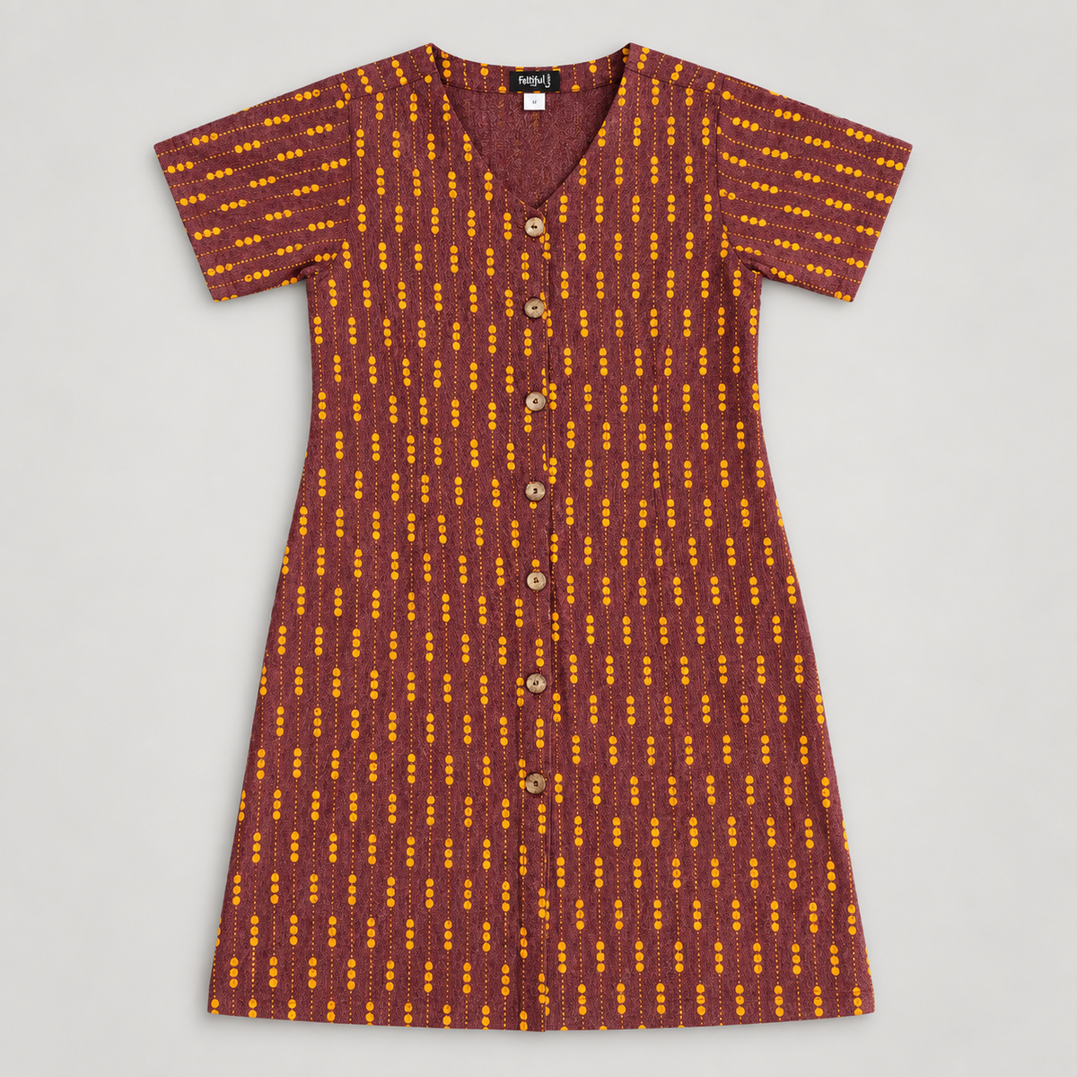 RT820 burgundy and golden dotted stripe cotton dress, front view