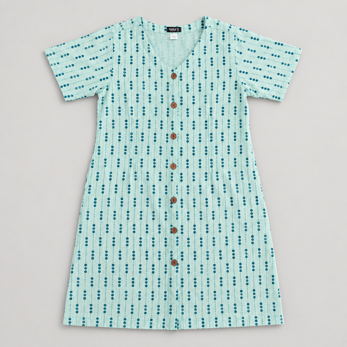 RT821 aqua and teal dotted stripe cotton dress, front view