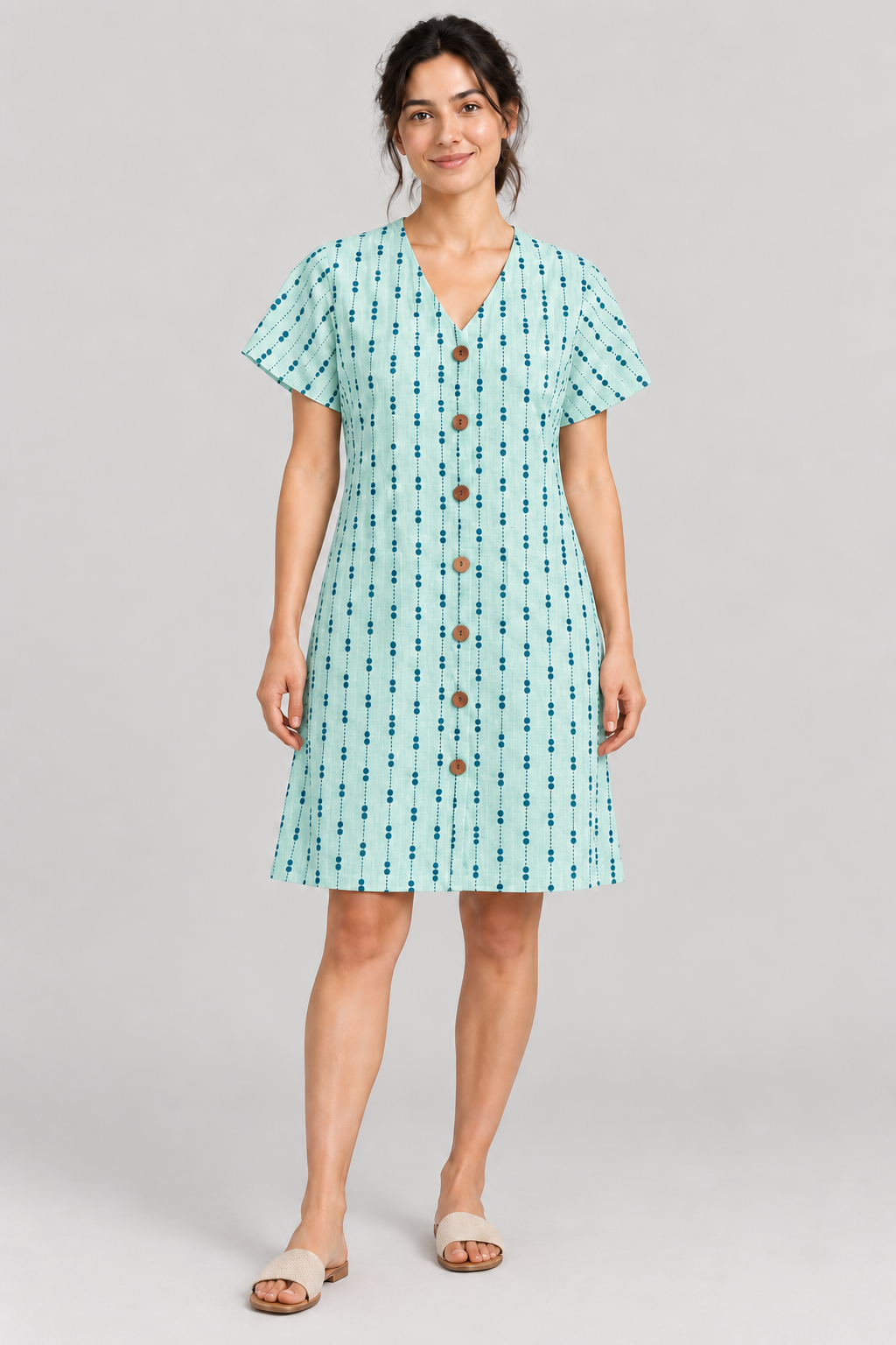 Model wearing RT821 aqua and teal cotton dress