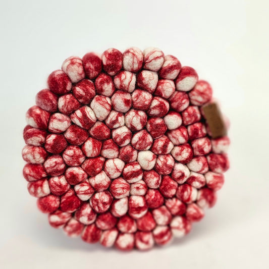 Red Marble Pom Pom Felted Ball Trivet-Set Of 2Pcs.
