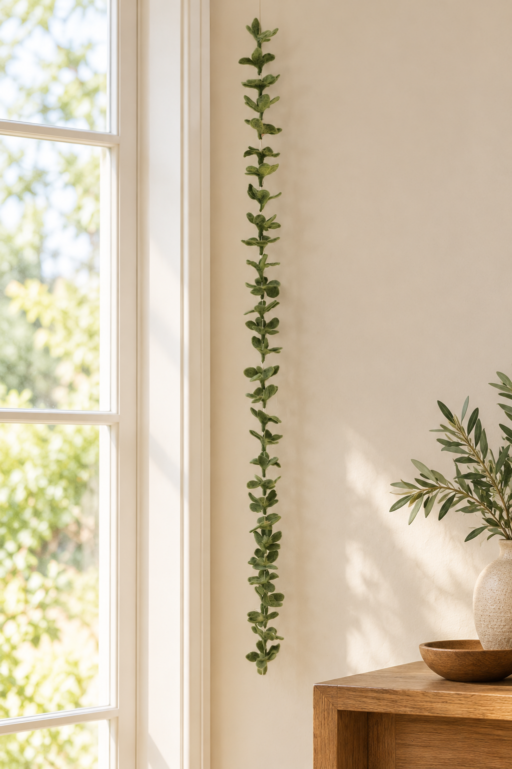 Green wool leaf garland displayed beside a window
