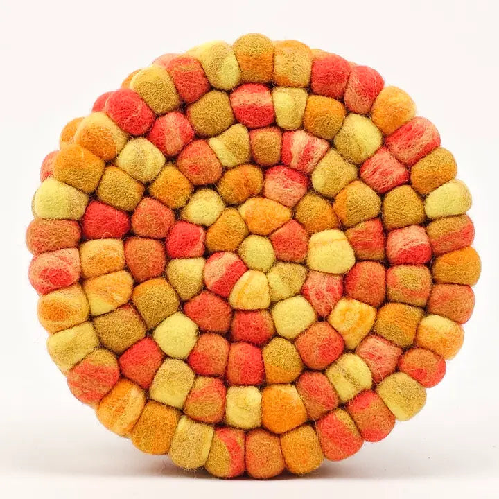 Orange Tie Dye Pom Pom Felted Ball Trivet-Set Of 2Pcs.