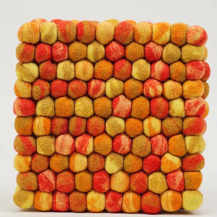 Orange Tie Dye Pom Pom Felted Ball Trivet-Set Of 2Pcs.