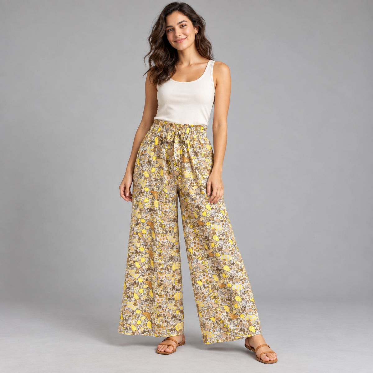 Beige and yellow mushroom print cotton palazzo trousers – AI-generated model styling