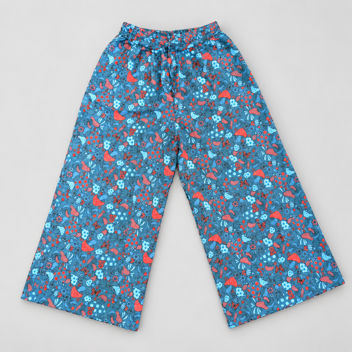 Blue and red mushroom print cotton palazzo trousers – front view
