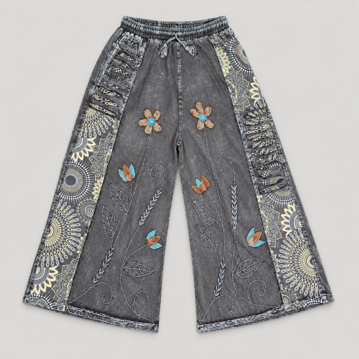 KD610 charcoal floral cotton wide-leg pants – main