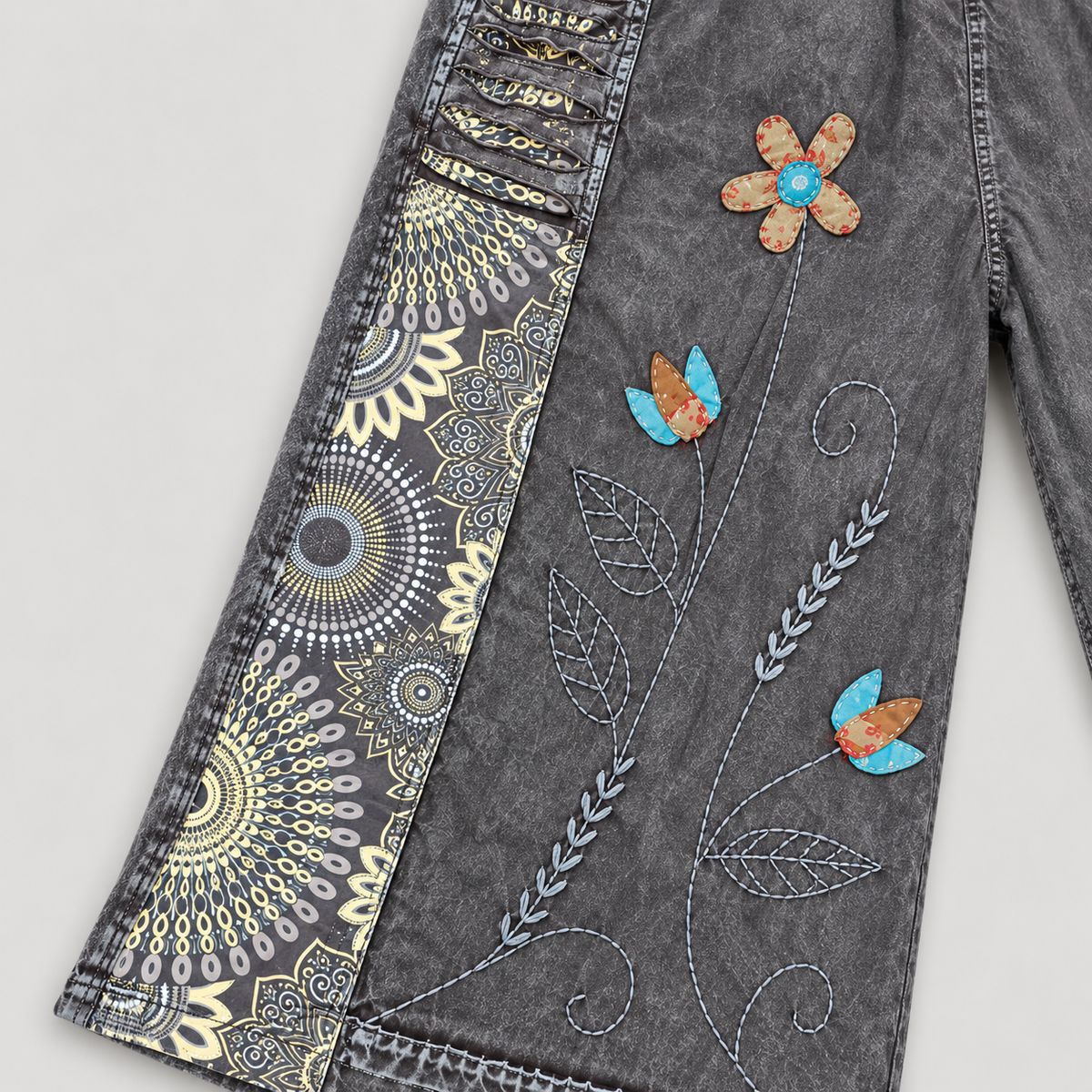 KD610 charcoal floral cotton wide-leg pants – side-detail