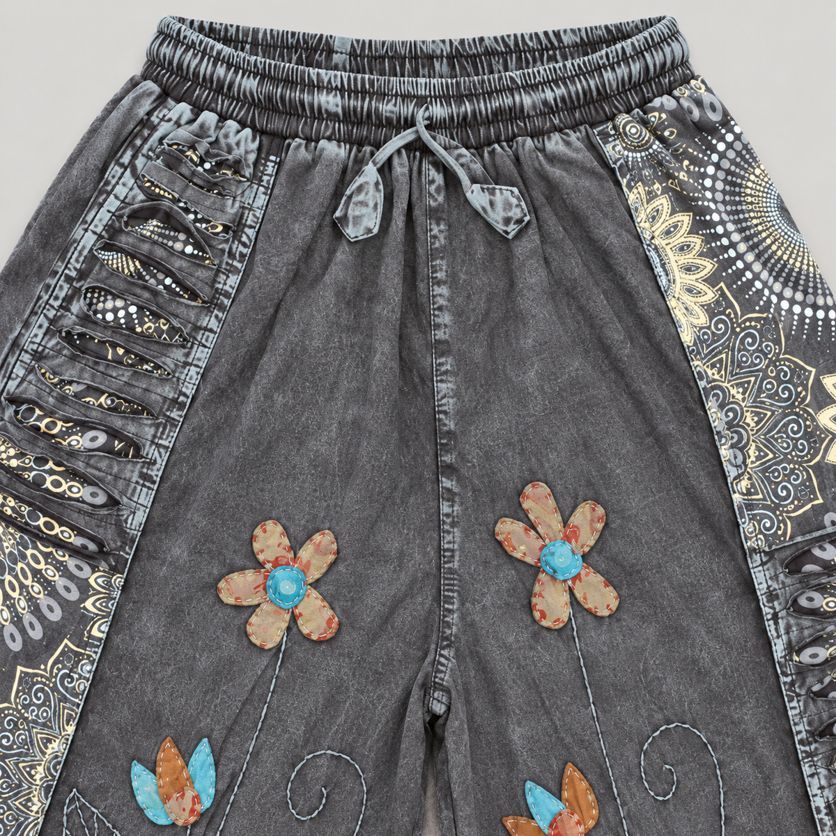 KD610 charcoal floral cotton wide-leg pants – waistband