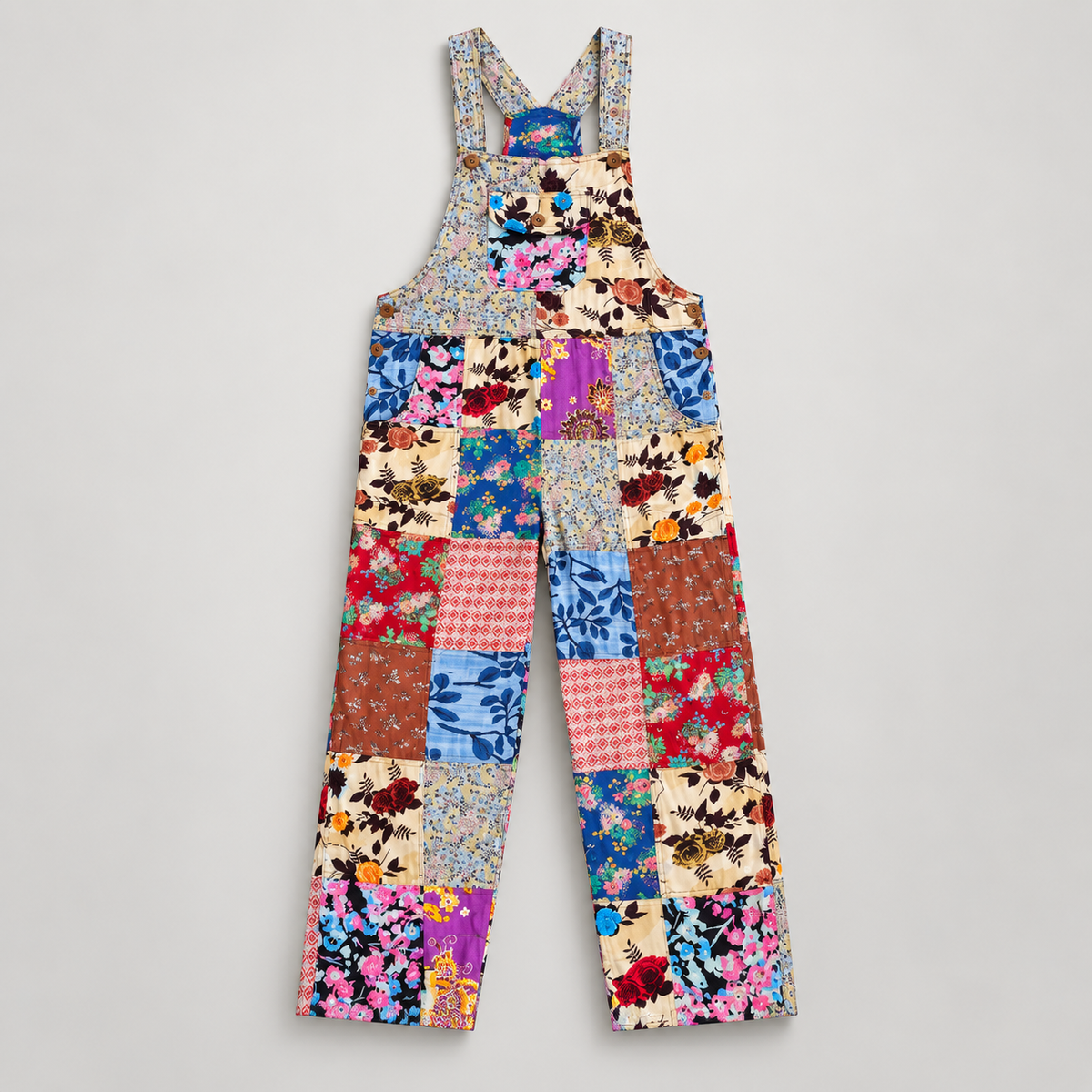 Multicolor floral patchwork cotton full-length bib overalls, front flat lay