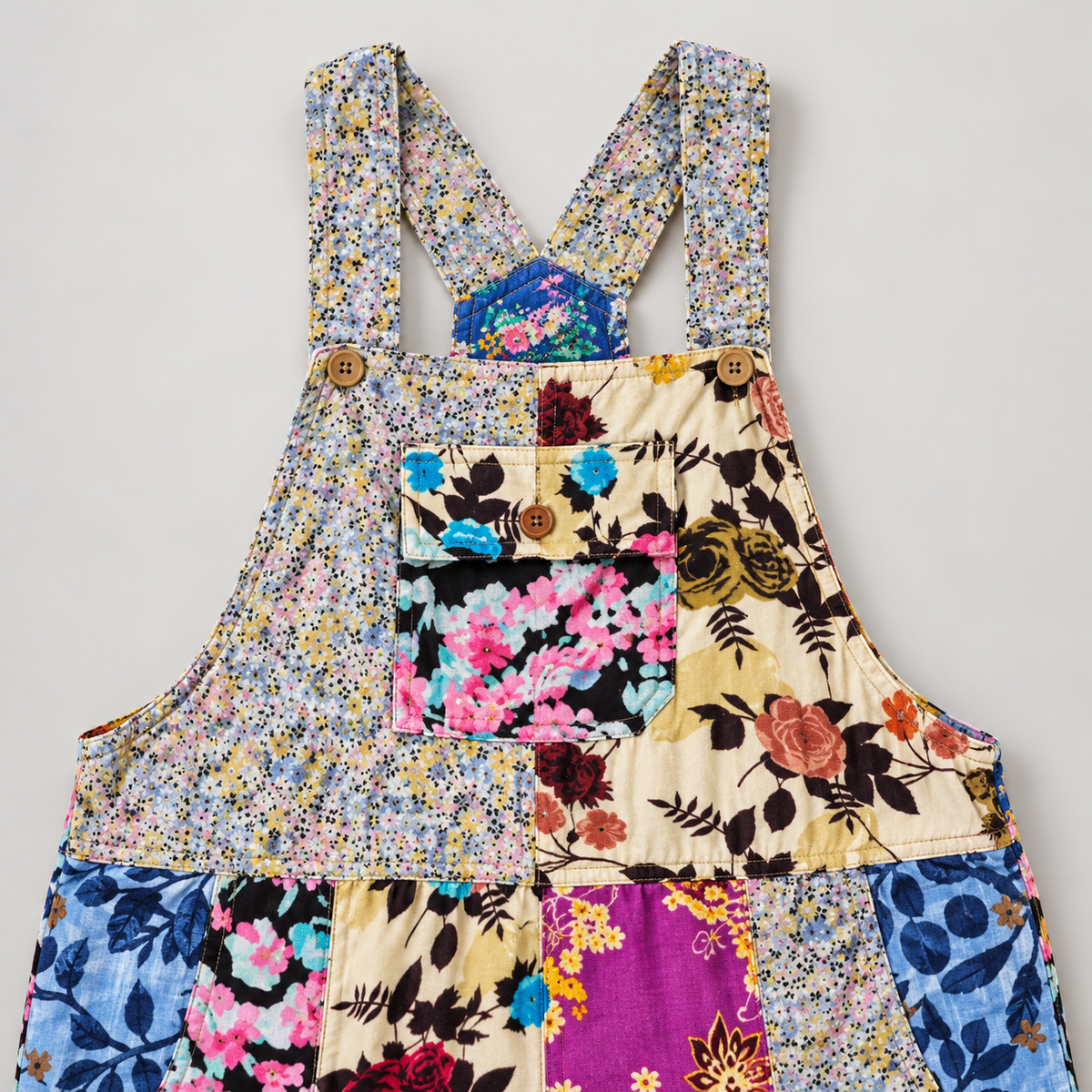 Buttoned bib pocket and shoulder strap detail on patchwork cotton overalls