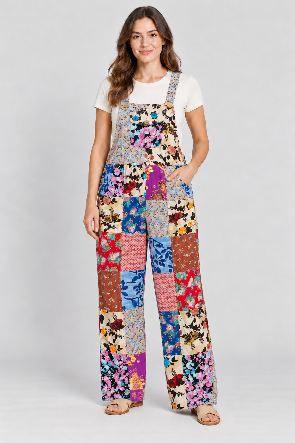 Model wearing patchwork cotton overalls with one hand in a side pocket