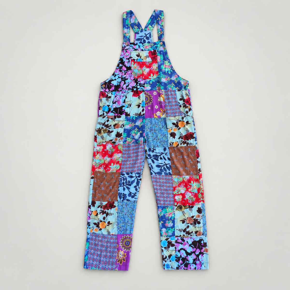 KD617 blue and aqua floral patchwork cotton overalls, full front view