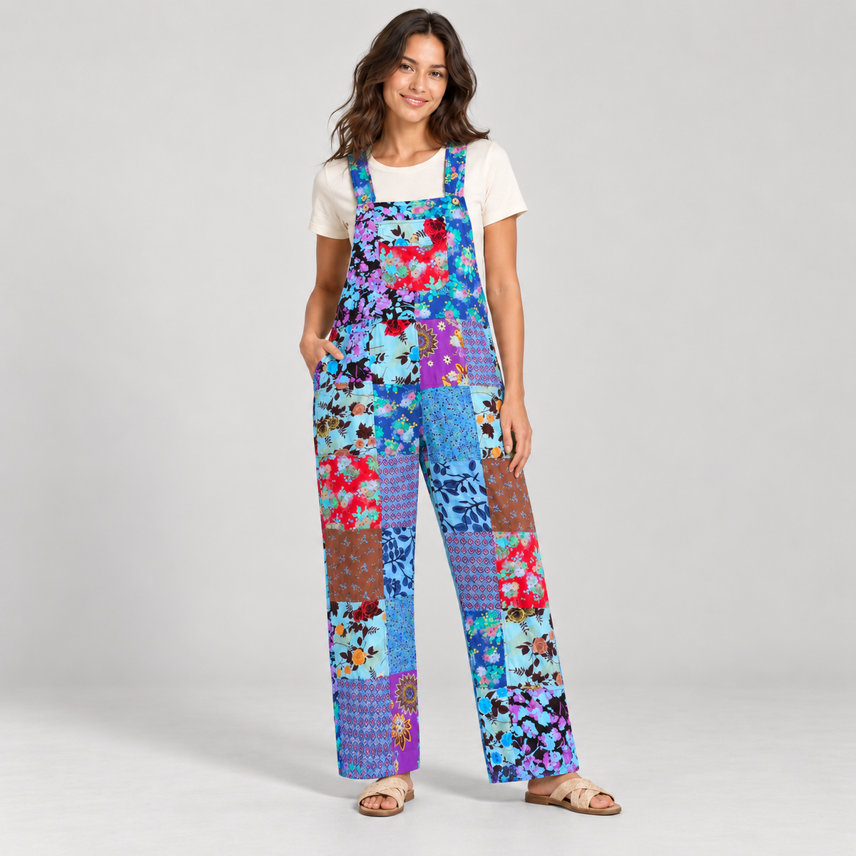Woman wearing KD617 blue patchwork cotton overalls with one hand at the pocket