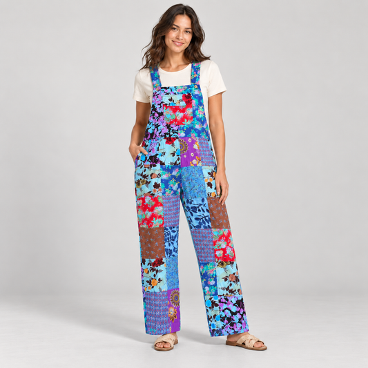 Woman wearing KD617 blue patchwork cotton overalls with one hand at the pocket