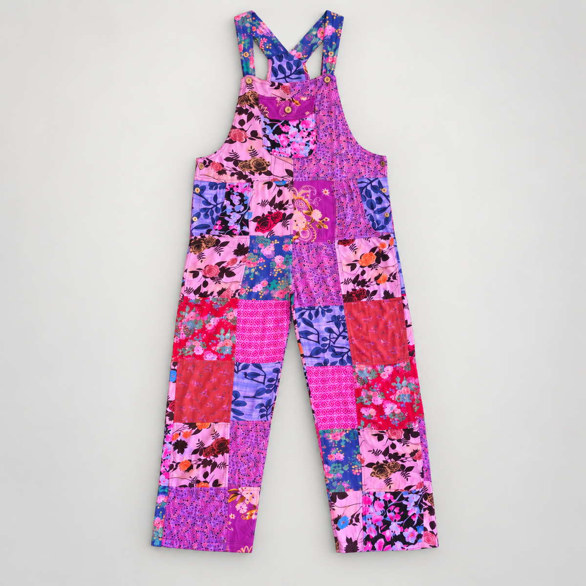 KD618 pink and purple floral patchwork cotton overalls, full front view