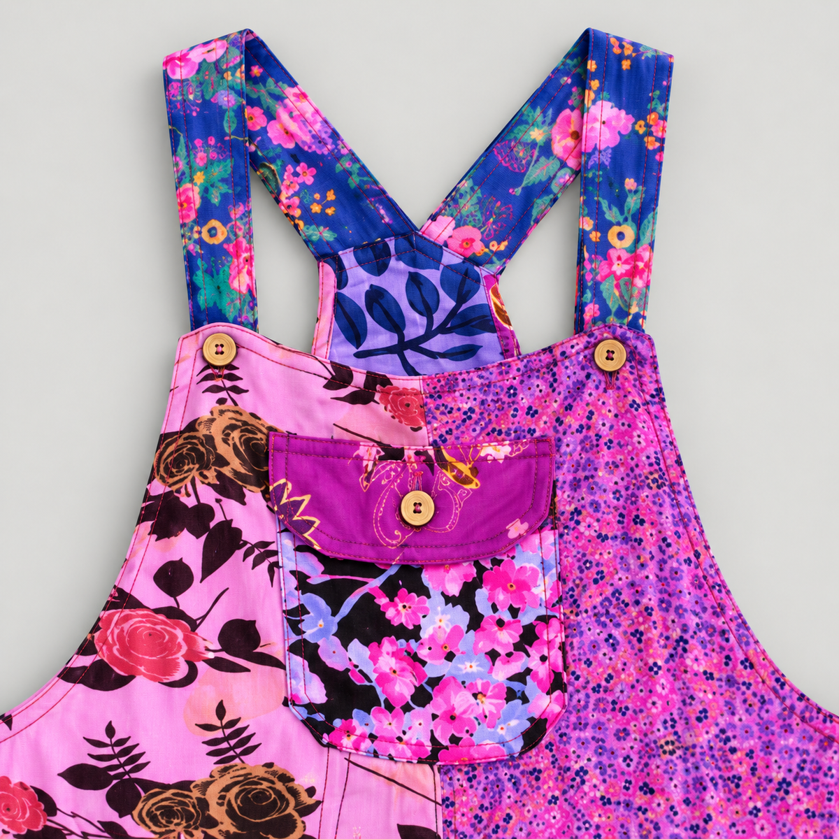 KD618 cotton overalls floral straps and buttoned bib pocket detail