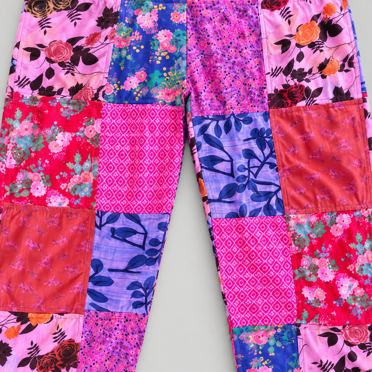 KD618 cotton overalls pink and purple patchwork fabric and seam detail