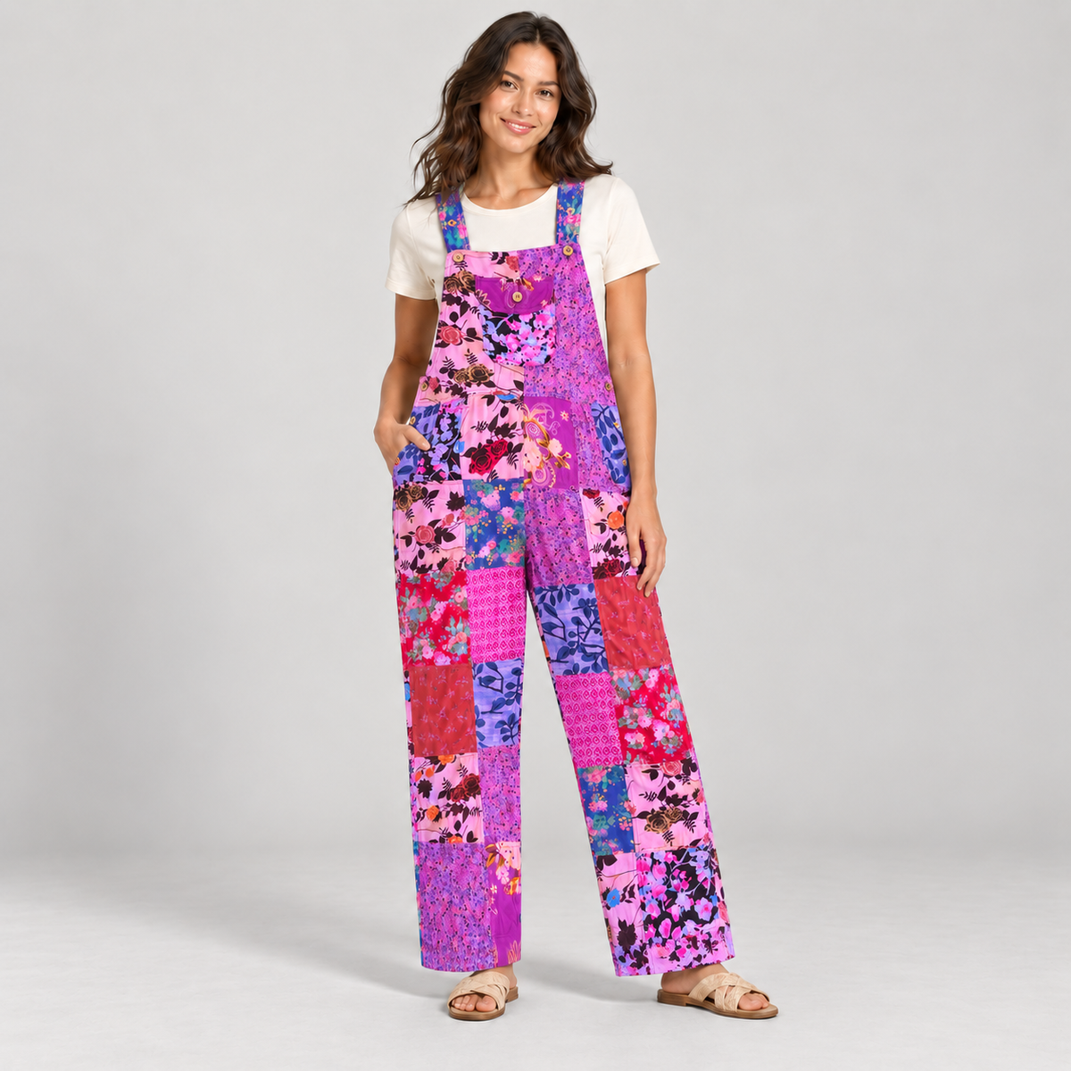 Woman wearing KD618 pink and purple patchwork cotton overalls with one hand at the pocket