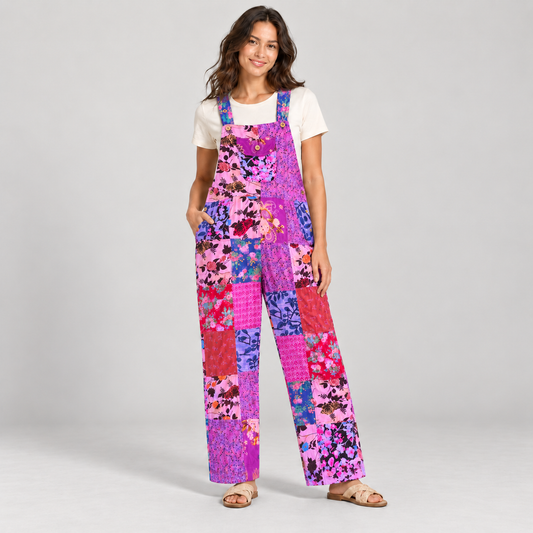 Woman wearing KD618 pink and purple patchwork cotton overalls with one hand at the pocket
