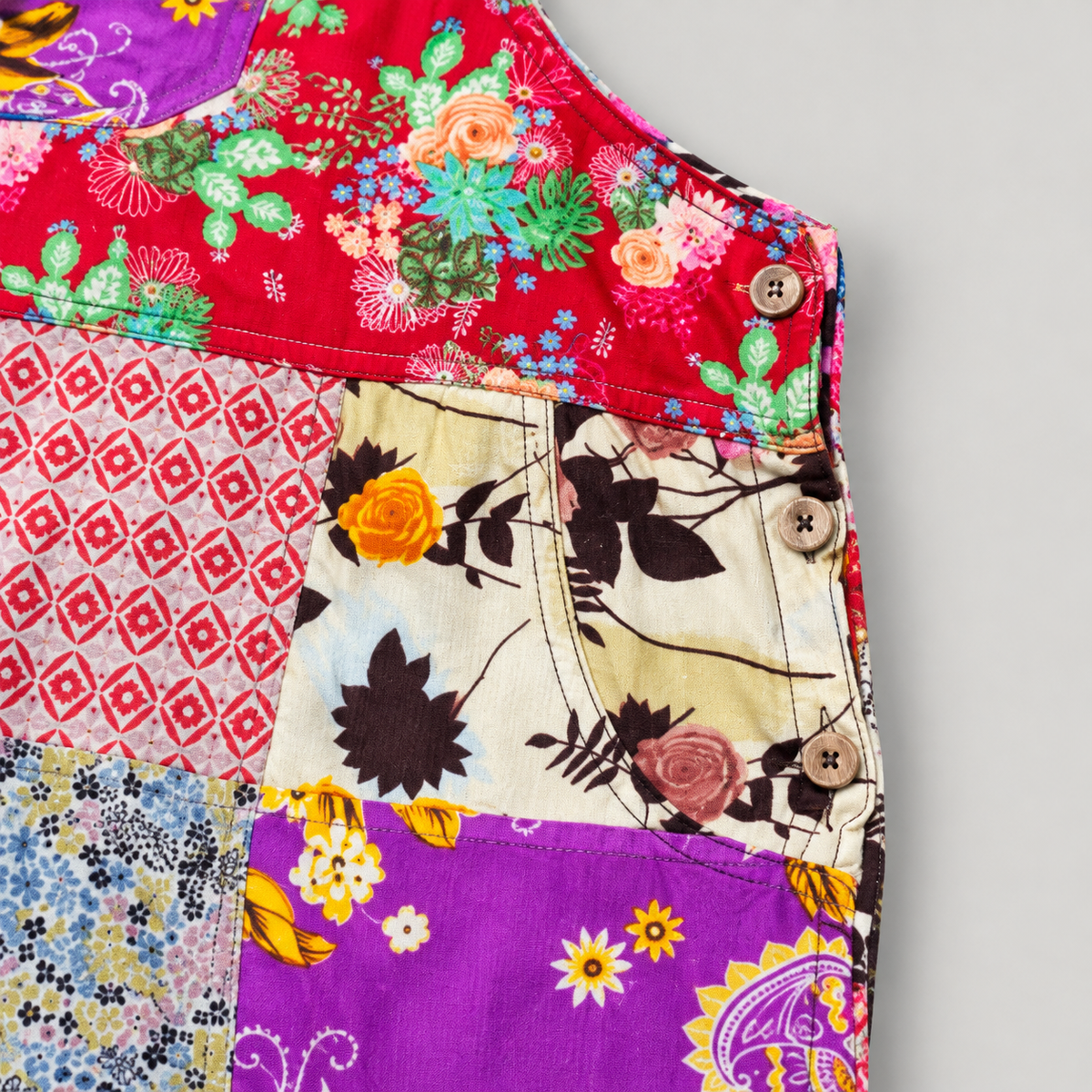 Floral patchwork cotton short overalls, side button detail