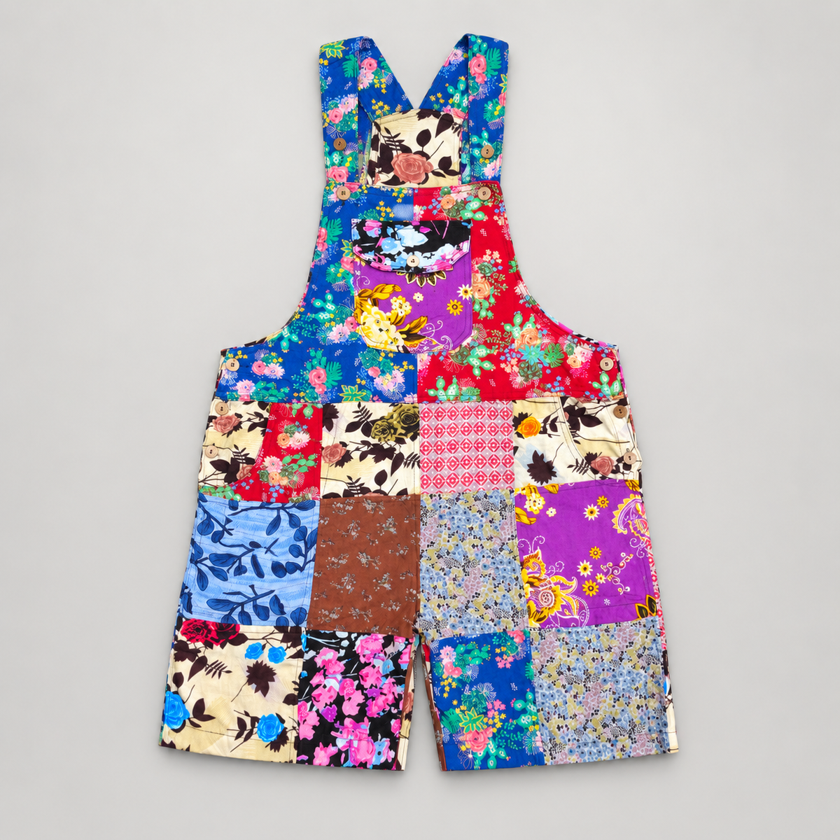 Floral patchwork cotton short overalls KD619, full front view